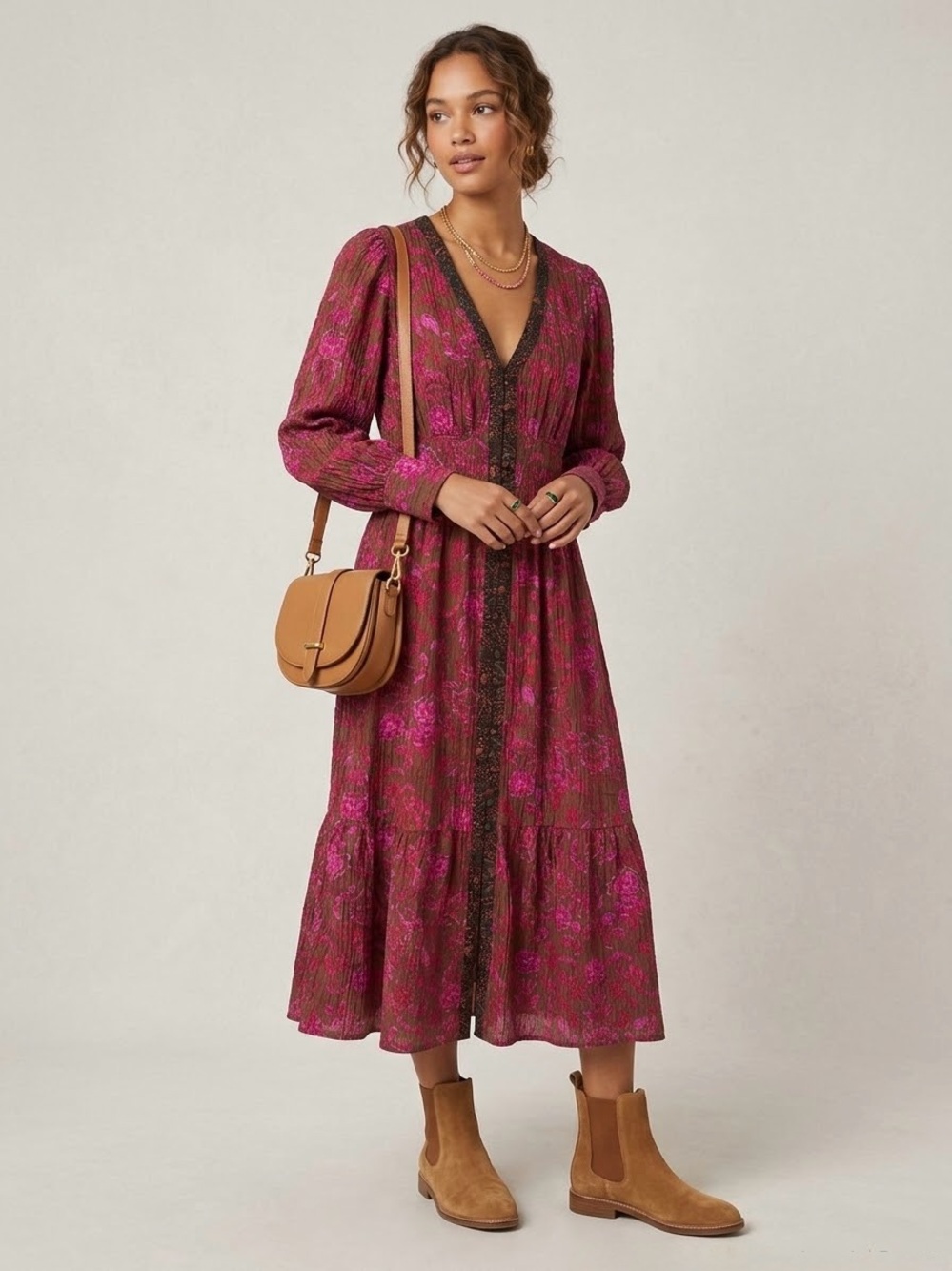 Sam Edelman Magenta Floral Long Sleeve V-Neck Dress with Brown Accents